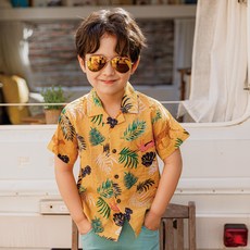 Lala Amang 男童款花豹葉片印花短袖襯衫
