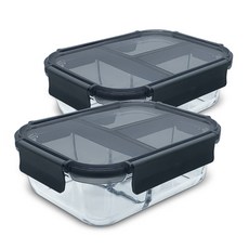 mir 分隔耐熱玻璃保鮮盒 3格, 2個, 長方形保鮮盒 1.04L