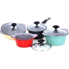 SILVERSTAR 復古色系陶瓷塗層湯鍋 4入組, 4種, 雙耳湯鍋16cm+20cm+單柄湯鍋18cm+淺湯鍋22cm