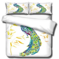 이불 커버 + 베개커버 2p 세트, 컬러풀 공작새 일러스트(A_RD_554)
