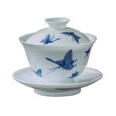 10X10 景德津青花雙蝶蓋灣茶杯, 白+藍, 1個