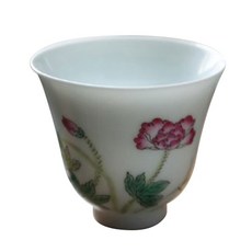 경덕진 옥니 분채 모란꽃 찻잔, 화이트 + 옐로우 + 그린 + 핑크, 1개
