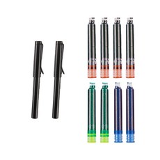 圓形鋼筆 2支 + 黑色墨水管 4入 + 藍色 2入 + 綠色 2入 套組, F, 亮黑色(鋼筆)