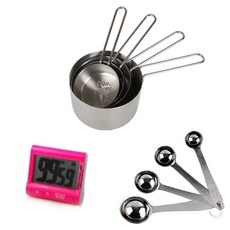 Cook Charmy 素色廚房計時器+不鏽鋼量杯 4入+不鏽鋼量匙 4入, 定時器（隨機發貨）、量杯（單色）、量勺（單色）, 1套