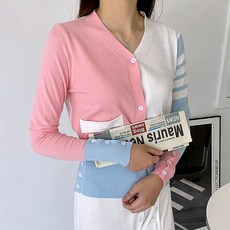 PAPERMENTS 女款V領配色拼接長袖開襟衫