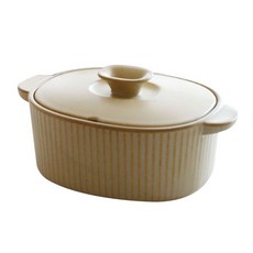 直條紋雙耳陶瓷砂鍋+鍋蓋 米色, 26*17.5*12cm, 1入