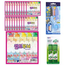 종이나라 1500 퀼트무늬 색종이 20p + 나라 풀 15g x 2p + 고쿠요 SAXA 플라이 캡 가위 블루, 1세트, 20색