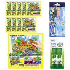 종이나라 2000 다이노 파크 종이접기 10p + 나라 풀 15g x 2p + 고쿠요 SAXA 플라이 캡 가위 블루, 1세트, 9색