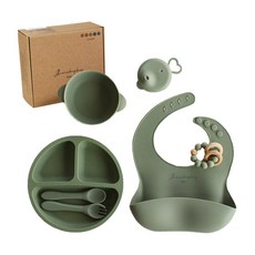 嬰兒副食品矽膠餐具 6入+包裝盒, 薄荷綠, 圍兜+防滑吸盤+湯匙+叉子+杯子+碗+固齒器+禮盒