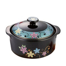 花朵印花雙耳陶瓷砂鍋+鍋蓋 小, 1入, 14.5cm