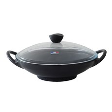 雙耳鑄鐵陶瓷不沾淺湯鍋+耐熱玻璃鍋蓋, 自然黑, 28厘米