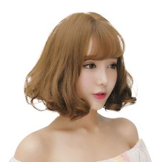 787 웨이브 앞머리 단발 가발 + 망 세트, 다크브라운, 1개