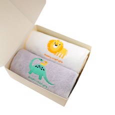 moms nature 孩童刺繡印花竹節棉毛巾 2件組, 白色獅子款+灰色恐龍款, 1組