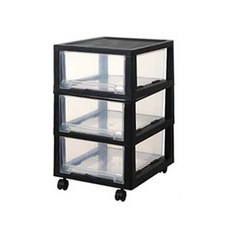 마이닝 플라스틱 바퀴부착 투명 3단 서랍장, 투명+블랙, 1개