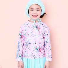 andiapple 女童海灘花朵防曬泳衣泳帽組