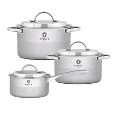 CROBELL EVENLY電磁爐適用3層304不鏽鋼湯鍋 3件組, 單柄湯鍋16cm+雙柄湯鍋20cm+雙柄湯鍋24cm, 銀色