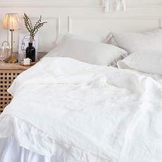 BEDDING Cafe 素色亞麻荷葉邊涼被, 白色