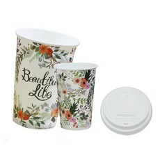 TOGO PACK 花朵紙杯 + 可開關杯蓋 白色 390ml, 1個