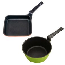 Kitchen-Art 不沾圓形牛奶鍋 16cm+不沾方形平底鍋 16cm 2件組, 混色, 煎蛋鍋+深平底鍋