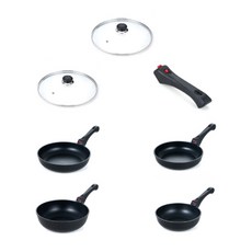 電磁爐適用可拆式手柄平底炒鍋 7入組, 混色, 玻璃鍋蓋24cm+玻璃鍋蓋28cm+手柄+平底鍋24cm+平底鍋28cm+平底炒鍋24cm+平底炒鍋28cm