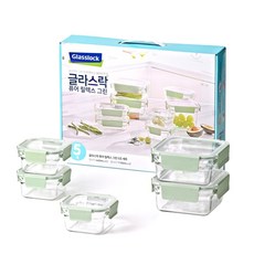 Glasslock Pure Relax 綠色方形密封容器套裝, 1組, 保鮮盒440ml 3入+1130ml 2入