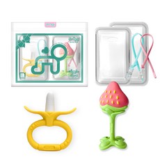 ange 造型固齒器+造型固齒器+收納盒 2入+奶嘴鍊夾 2入, 第一階段, 固齒器(香蕉款+3D草莓款)+矽膠夾(隨機出貨)