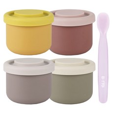 BBTTO 嬰兒副食品矽膠餐碗+湯匙, 奶油黃+粉棕色+橄欖灰色+灰色, 1組