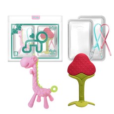 ange 草莓造型固齒器+長頸鹿造型固齒器+收納盒+奶嘴鍊夾2入組, 1組, 粉色(手環固齒器)