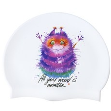 Duda Swim 怪獸印花矽膠泳帽, 白色的