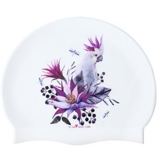 Duda Swim 紫色鸚鵡印花矽膠泳帽, 白色的
