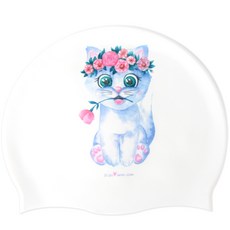 Duda Swim 貓咪印花矽膠泳帽, 白色的