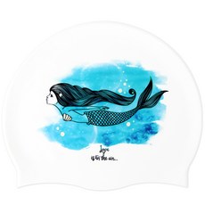 Duda Swim 美人魚印花矽膠泳帽, 白色的