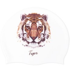 Duda Swim 老虎印花矽膠泳帽, 白色的