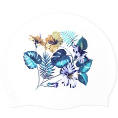 Duda Swim 夏威夷黃色花朵印花矽膠泳帽, 白色的
