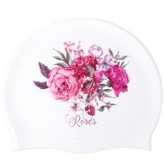Duda Swim 紅玫瑰印花矽膠泳帽, 白色的