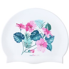 Duda Swim 夏威夷粉紅花朵印花矽膠泳帽, 白色的