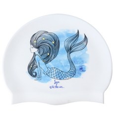 Duda Swim 美人魚印花矽膠泳帽, 白色的