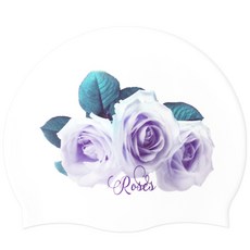 Duda Swim 白紫色玫瑰印花矽膠泳帽, 白色的