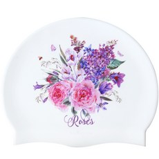 Duda Swim 玫瑰印花矽膠泳帽 D款, 白色的