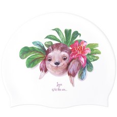 Duda Swim 樹懶印花矽膠泳帽, 白色的
