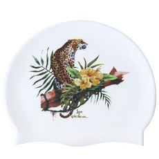 Duda Swim 獵豹印花矽膠泳帽, 白色的