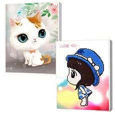 보석십자수 어린이 DIY 캔버스형 비즈공예 2종 세트 25 x 30 cm, 고양이2, 러브소녀, 1세트