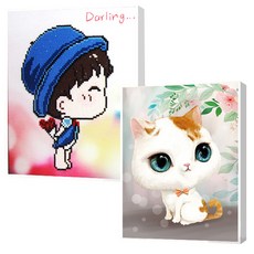 兒童DIY帆布型寶石十字繡 珠子工藝 2件組 25 x 30 cm, 愛心少年, 貓咪2, 1套