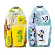 b.brite 孩童印花LED燈牙刷+漱口杯+牙刷蓋組 黃色恐龍款+白色企鵝款, 2組