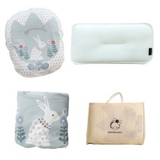 ggoom duboo 兔子印花防溢奶斜坡墊+網眼透氣扁枕+超細纖維毯+收納袋組, 粉色+薄荷綠(靠墊)+薄荷綠(毛毯)