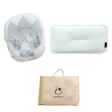 ggoom duboo 兔子印花防溢奶斜坡墊+網眼透氣扁枕+收納袋組, 粉色+薄荷綠(靠墊)