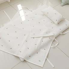 MerryTwoTwo 孩童用可愛花朵刺繡棉質絎縫午睡枕墊被3件組, 白色