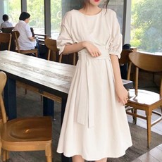 PAPERMENTS 女款圓領泡泡七分袖綁帶連身長裙, 象牙