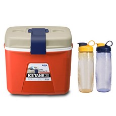 KOMAX 冰桶 30L+便攜式水壺組 600ml 2入, 紅色(冰桶)+藍色(水壺)+黃色(水壺), 30L
