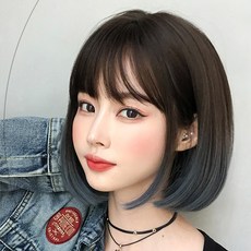 HiYuni 漸層瀏海短髮全頂假髮 30cm + 髮網 + 支架套組 D3103, 霧霾藍, 1個